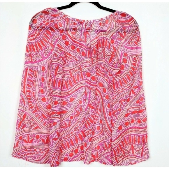 Trina Turk Silk Blend Printed Peasant Blouse keyhole neck relaxed semi sheer M - Picture 2 of 15